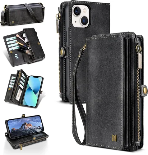 Vista 58 de Funda tipo cartera para iPhone 16 Pro Max con 8 tarjeteros, bloqueo RFID, piel sintética, función atril, abatible, correa de muñeca y correa