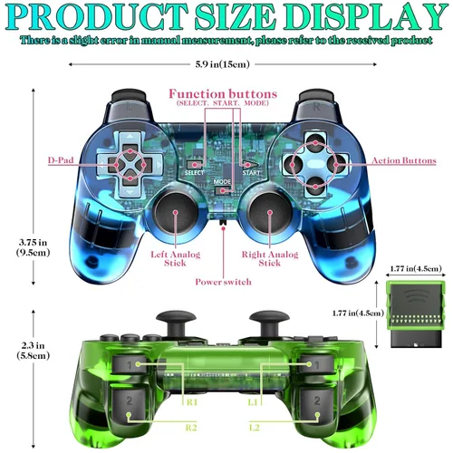 Vista 7 de Degulan Wireless Controller Compatible with PS-2 Console, Remote Gamepad for Play 2 (Green and Blue)