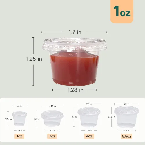 Vista 3 de 240 tazas pequeñas de plástico transparente para condimentos con tapas, recipientes de porciones de 1 oz, ideales para condimentos, aderezos