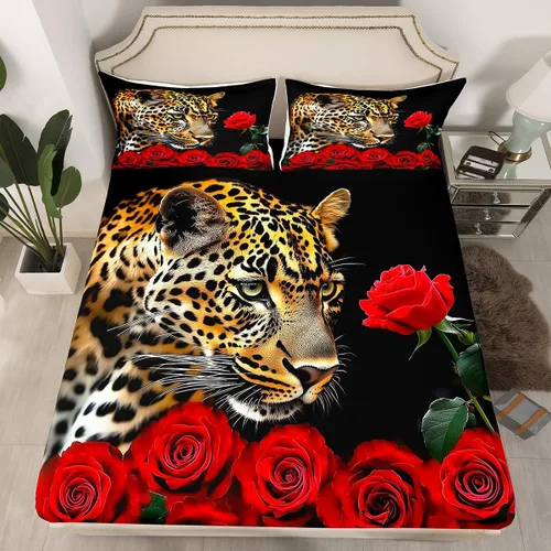 Vista 19 de Erosebridal Juego de sábanas bajeras de rosas rojas y leopardo, tamaño individual, diseño de animales africanos salvajes, diseño de plantas