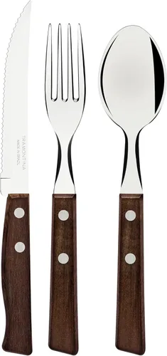 Vista 2 de Tramontina Cuchillos tradicionales resistentes con mango de madera natural de 8.3 pulgadas y tenedor de mesa de 7.5 pulgadas y cucharada de 7.5