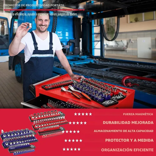 Vista 8 de Juego de organizador de portavasos magnético: juego de 6 piezas desmontables de 1/2, 3/8, 1/4, bandeja de almacenamiento de portavasos magnéticos