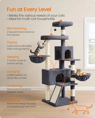 Vista 4 de Feandrea Árbol para gatos, torre para gatos de 68.5 pulgadas de alto, condominio de felpa de varios niveles con percha grande, postes rascadores