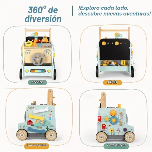 Vista 3 de Andador de madera para bebé con herramientas de banco de juguetes para Centro de actividades Montessori 9 en 1 juguete para niños que aprenden a