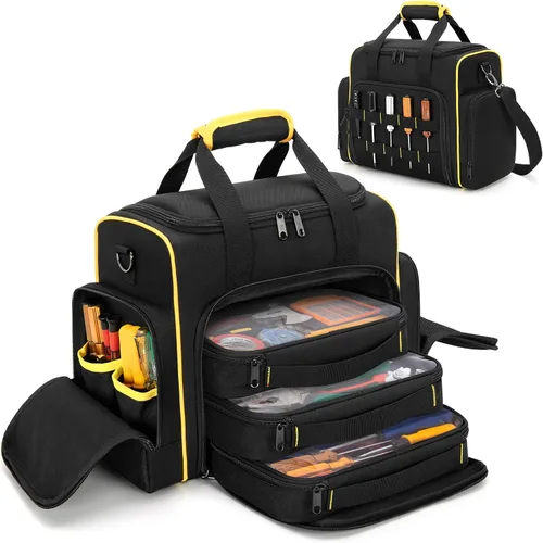 Vista 9 de Bolsa de herramientas Marscamd con 3 estuches extraíbles, bolsa de herramientas de 2 capas para herramientas manuales, negra con ribete rojo