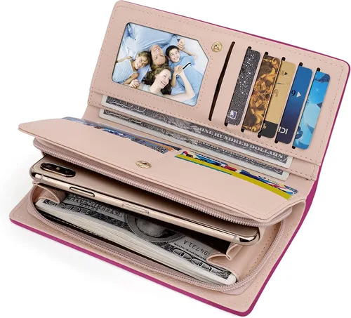Vista 3 de UTO Cartera de piel sintética para mujer, de gran capacidad, colgante de gato, soporte para teléfono, organizador de chequera, con cremallera