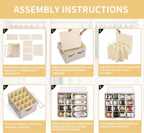 Vista 4 de Organizador de zapatos para armario, caja de almacenamiento de zapatos plegable grande con cubierta transparente, particiones extraíbles y parte