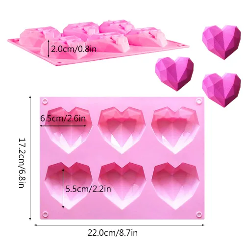 Vista 2 de Molde de silicona con forma de corazón de diamante rosa pequeño para el día de San Valentín, 6 cavidades de fácil liberación en forma de corazón 3D