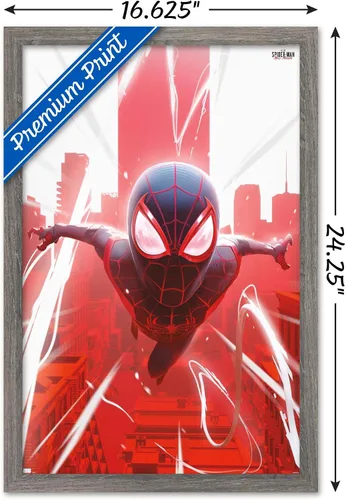 Vista 3 de Marvel's Spider-Man: Miles Morales - Póster de Falling Wall, 22.4 pulgadas de largo x 14.7 pulgadas de ancho, versión enmarcada de madera de granero