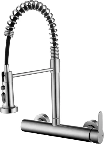 Vista 12 de Grifo de fregadero de cocina de montaje en pared con rociador de 8 pulgadas en el centro, grifo mezclador de fregadero de acero inoxidable de níquel