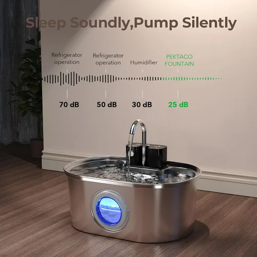 Vista 10 de PEKTACO Fuente de agua inalámbrica para gatos de acero inoxidable, de 108 oz/3.2 L, fuente de agua para mascotas sin cables operada por batería