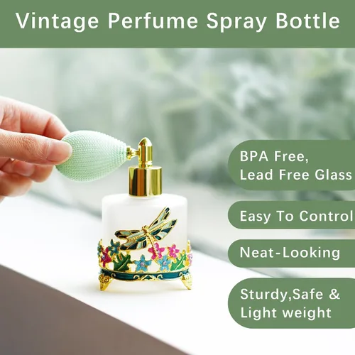 Vista 7 de YU FENG Botella de perfume de libélula de la vendimia 5ML y libélula verde de 0.6 fl oz con flores botella de spray de perfume esmerilado