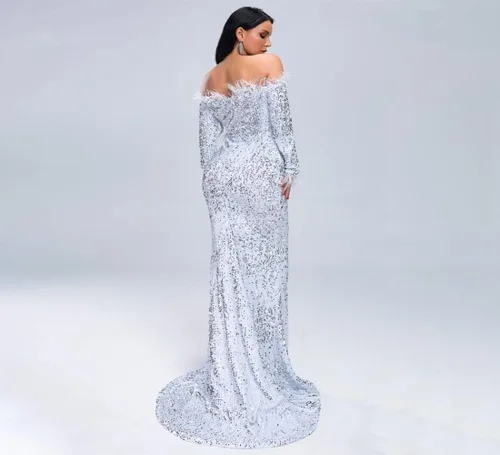 Vista 6 de VA Vestido largo sin tirantes para mujer, sin tirantes, manga larga, espalda descubierta, hasta el suelo, con lentejuelas, para boda, fiesta de noche