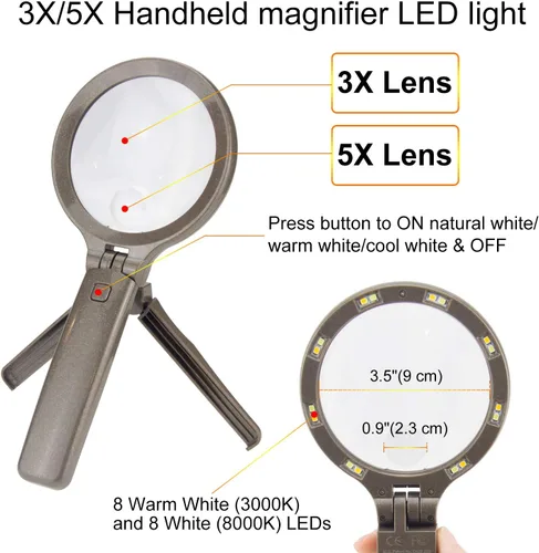 Vista 5 de HONWELL Lupa con luz – 3 x 5 aumentos, 3 modos 16 LED, funciona con pilas para leer, inspección, monedas, pasatiempos