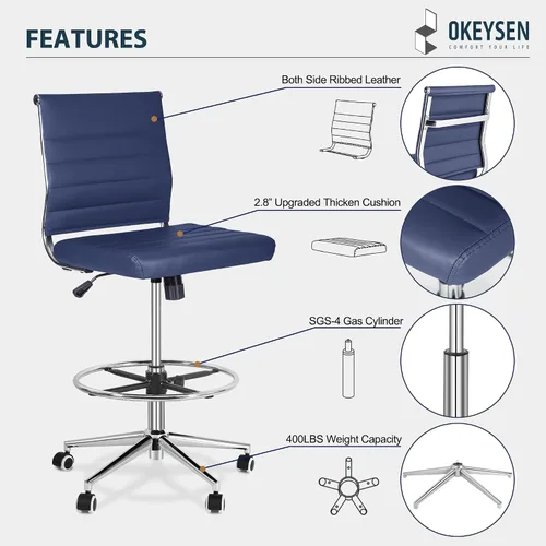 Vista 3 de Okeysen - Silla de dibujo sin brazos, silla de oficina ergonómica de cuero de 400 libras con anillo de pie ajustable, moderna silla de escritorio