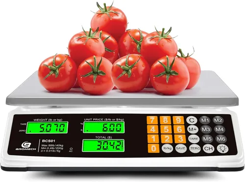 Vista 9 de Báscula de cálculo de precios 88lb/40kg Báscula comercial de alimentos para productos agrícolas y carne con plataforma grande de acero inoxidable