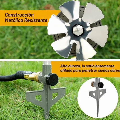Vista 4 de Aspersor de césped para patio, rociador de agua 100% metal con base de pico resistente, riego de 360 grados para césped, jardín