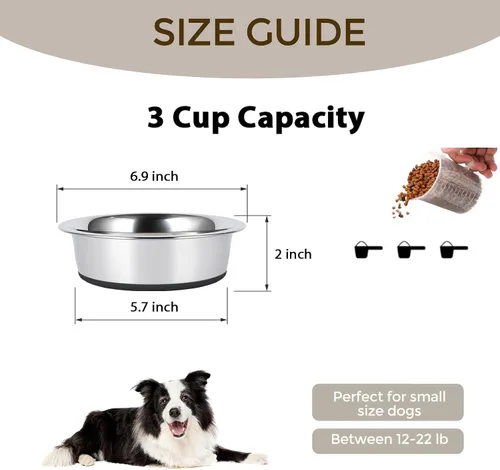 Vista 3 de Cuencos para perros, acero inoxidable de grado alimenticio para alimentos y agua, paquete de 2, 3 tazas Negro