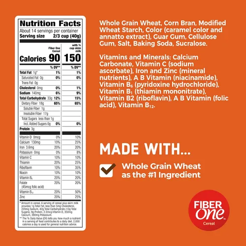 Vista 2 de Fiber One Cereal, salvado original, cereal de alta fibra hecho con grano entero, 19.6 oz
