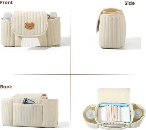 Vista 6 de Teddy Bear - Organizador acolchado para cochecito de bebé, con soporte para botellas y compartimentos de almacenamiento (azul)