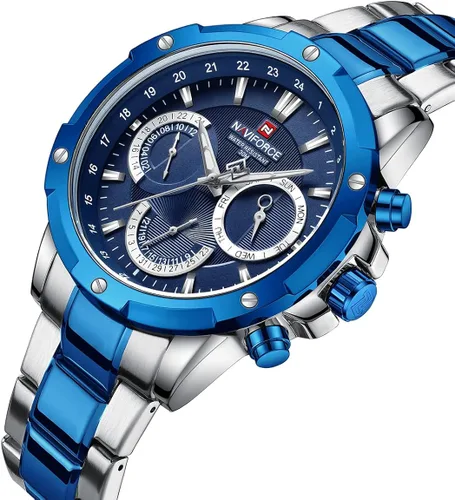Vista 2 de NAVIFORCE Relojes deportivos para hombre, de acero completo, reloj de cuarzo para hombre, fecha, semana, resistente al agua, reloj militar