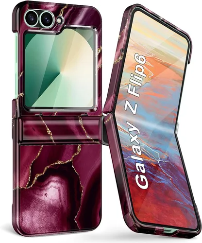 Vista 27 de Btscase Funda para Samsung Galaxy Z Flip 6, protector de pantalla frontal integrado, patrón de mármol dorado con purpurina de policarbonato duro