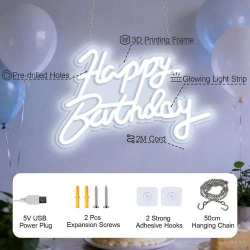 Vista 5 de Letrero de neón de feliz cumpleaños para decoración de fiestas en la pared, letrero con luz LED de feliz cumpleaños para telón de fondo, 16 x 11