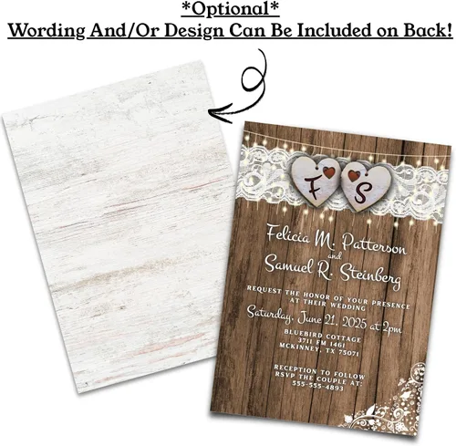 Vista 6 de Cantidad de 25 invitaciones de boda País Corazón y sobres de encaje impreso con texto blanco