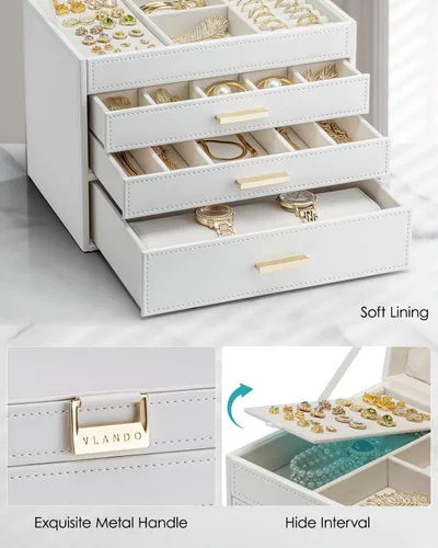Vista 4 de Vlando Joyero grande de 4 capas Organizador de joyas, organizador de joyero para cajón, collar, anillo, pulsera y reloj, regalo de cumpleaños