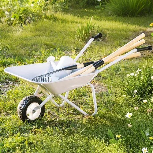 Vista 7 de ROBOTIME Carretilla para niños con juego de jardinería – Carretilla de metal para niños pequeños, juguete de juego al aire libre con herramientas