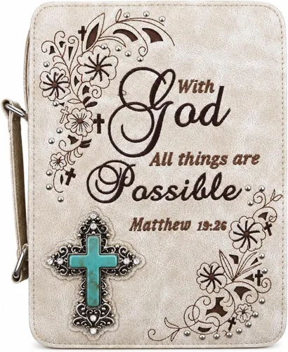 Vista 11 de Funda de la Biblia con versículo bordado de estilo occidental para mujer, bolsa de mensajero con correa extra Turquoise Cross, Full-Zip Protection