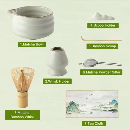 Vista 3 de Soeos Juego de batidor de matcha, kit de 7 piezas de cerámica matcha, incluye cuenco matcha, batidor de bambú (Chasen), cuchara (chashaku), tamiz