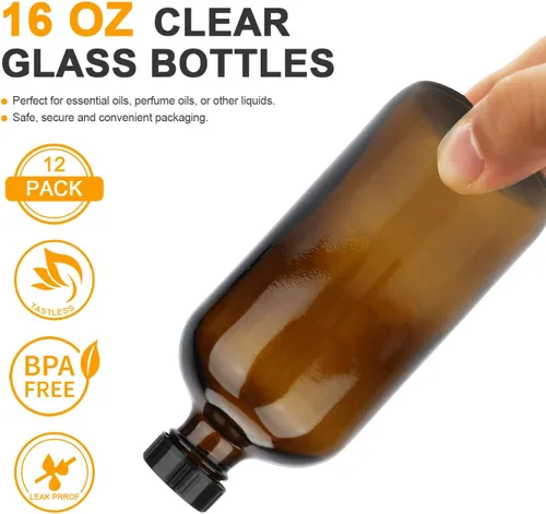 Vista 4 de Maredash Botellas de vidrio de 16 onzas, paquete de 12 botellas de almacenamiento de vidrio ámbar con tapas, botella de vidrio ámbar, botellas