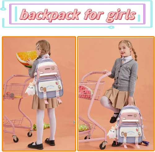 Vista 4 de Kawaii Mochilas para niñas, mochilas estéticas para bolsas escolares, azul, Mochilas Daypack