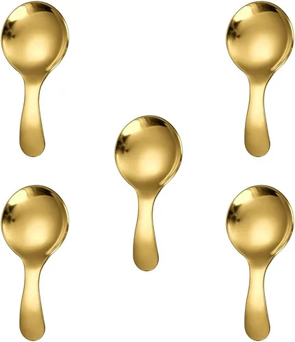 Vista 12 de 5 cucharas de mango corto, mini cucharas de acero inoxidable, cuchara redonda gruesa para condimentos de sal, postre, té, café (negro)