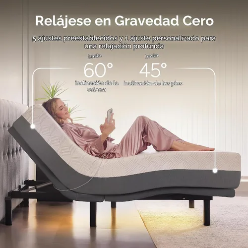 Vista 3 de Base de cama ajustable inteligente con doble masaje eléctrico - USB, luz debajo de la cama, gravedad cero, control de aplicación, inclinación