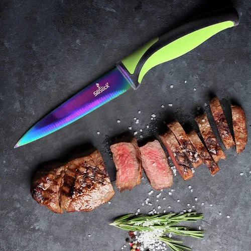 Vista 5 de SiliSlick Juego de cuchillos para carne de acero inoxidable, cuchillos de cocina coloridos con revestimiento de titanio con borde recto, suave
