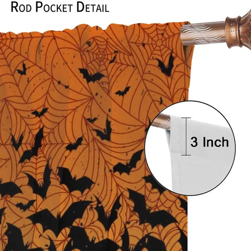 Vista 5 de Cortinas de Halloween naranja y negro de telaraña para sala de estar y dormitorio, decoración de panel de cortina de puerta para decoración