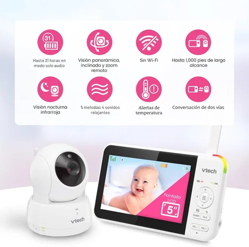 Vista 3 de VTech Monitor de bebé sin WiFi, pantalla de 5 pulgadas y zoom panorámico remoto para recién nacidos, a prueba de piratas, batería de 17 horas, rango