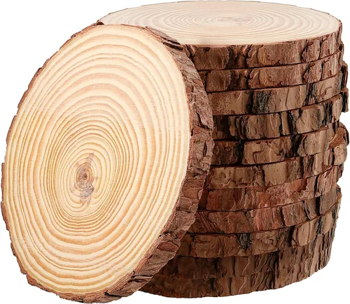 Vista 9 de JEUIHAU 6 piezas de rebanadas de madera natural sin terminar de 8 a 10 pulgadas, discos redondos de madera para corteza de árbol, círculos de madera