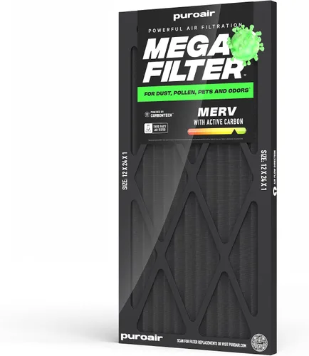 Vista 45 de PuroAir Filtro Mega - Filtro de aire de 12x12x1 MERV 13 para el hogar con carbón activado - Filtros alérgenos, caspa de mascotas, humo, polvo