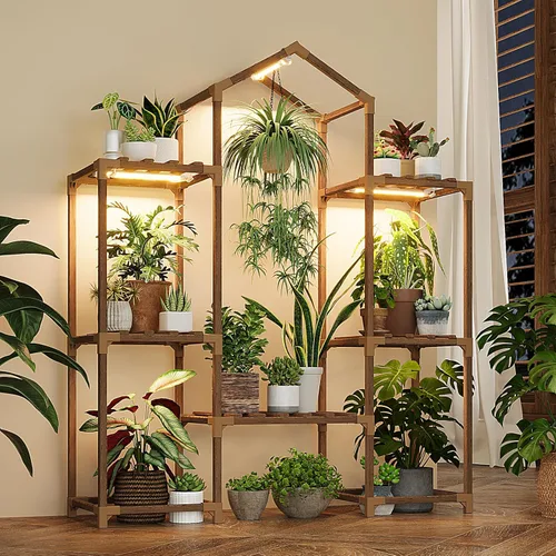Vista 10 de Bamworld Soporte para plantas para interiores y exteriores, estante de esquina para plantas, soporte para 4 macetas, soporte para flores, estante