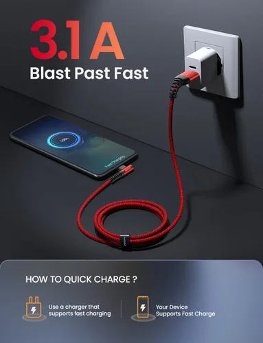 Vista 5 de AINOPE - Cable USB C a USB [Paquete de 3 unidades 3.3 pies/6.6 pies/10 pies] 3.1A USB carga rápida en ángulo recto, cable de carga USB C trenzado