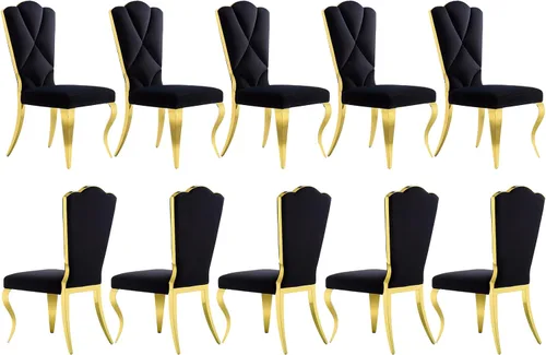 Vista 17 de Juego de 2 sillas de comedor de terciopelo negro y dorado, sillas de cocina tapizadas con respaldo alto con patas de acero inoxidable pulido, sillas