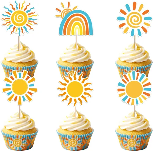Vista 18 de 36 piezas de decoración para cupcakes de sol de doble cara con diseño de flores y sonrisas, decoración de cupcakes SunShine para temática de sol