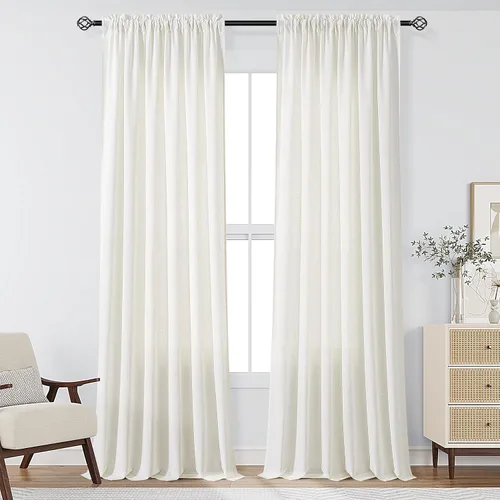 Vista 42 de Cortinas de lino verde aguamarina de 84 pulgadas de largo, juego de 2 paneles semitransparentes con bolsillo para barra para comedor, decoración
