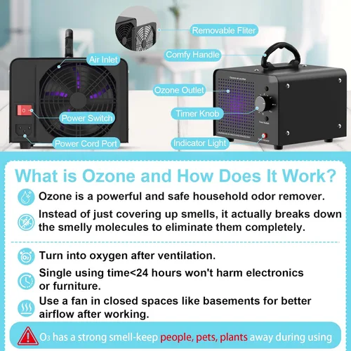Vista 6 de PROGRACE Generador de ozono 148,000 mg/h - Máquina comercial de ozono - Purificador de aire de iones negativos, desodorante ionizador de O3 de alta
