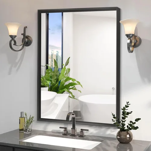 Vista 6 de Espejo rectangular de baño negro brillante de 40 x 30 pulgadas para pared, espejo de tocador para colgar en la esquina, espejo rectangular moderno