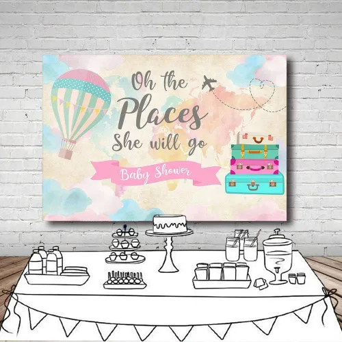 Vista 5 de Decoración de fiesta de baby shower de niña de viaje, telón de fondo, mapa rosa, maletas, viajes alrededor del mundo, globo aerostático, Oh The