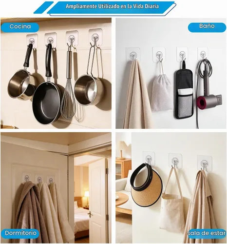 Vista 3 de Ganchos de pared de 33 libras (MÁX) autoadhesivos resistentes, 10 unidades, impermeables y a prueba de aceite, ganchos transparentes sin costuras
